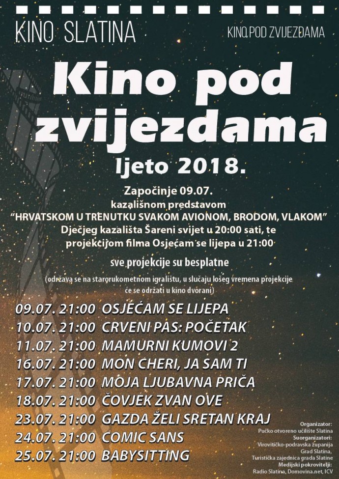 Uz devet sjajnih filmskih naslova, od 9. do 25. srpnja u Slatini će se održavati ”Kino pod zvijezdama” 1 kino slatina