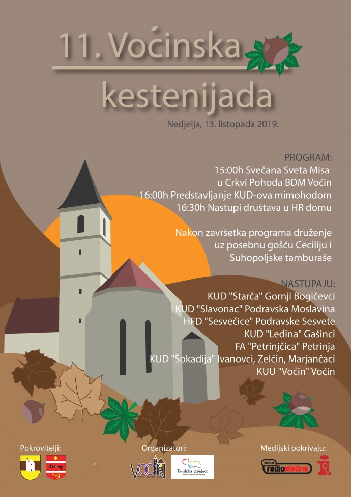 U nedjelju, 13. listopada 11. Voćinska kestenijada: Kulturno-umjetnički program, gosti večeri Cecilija i Suhopoljski tamburaši 1 kestenijada plakat