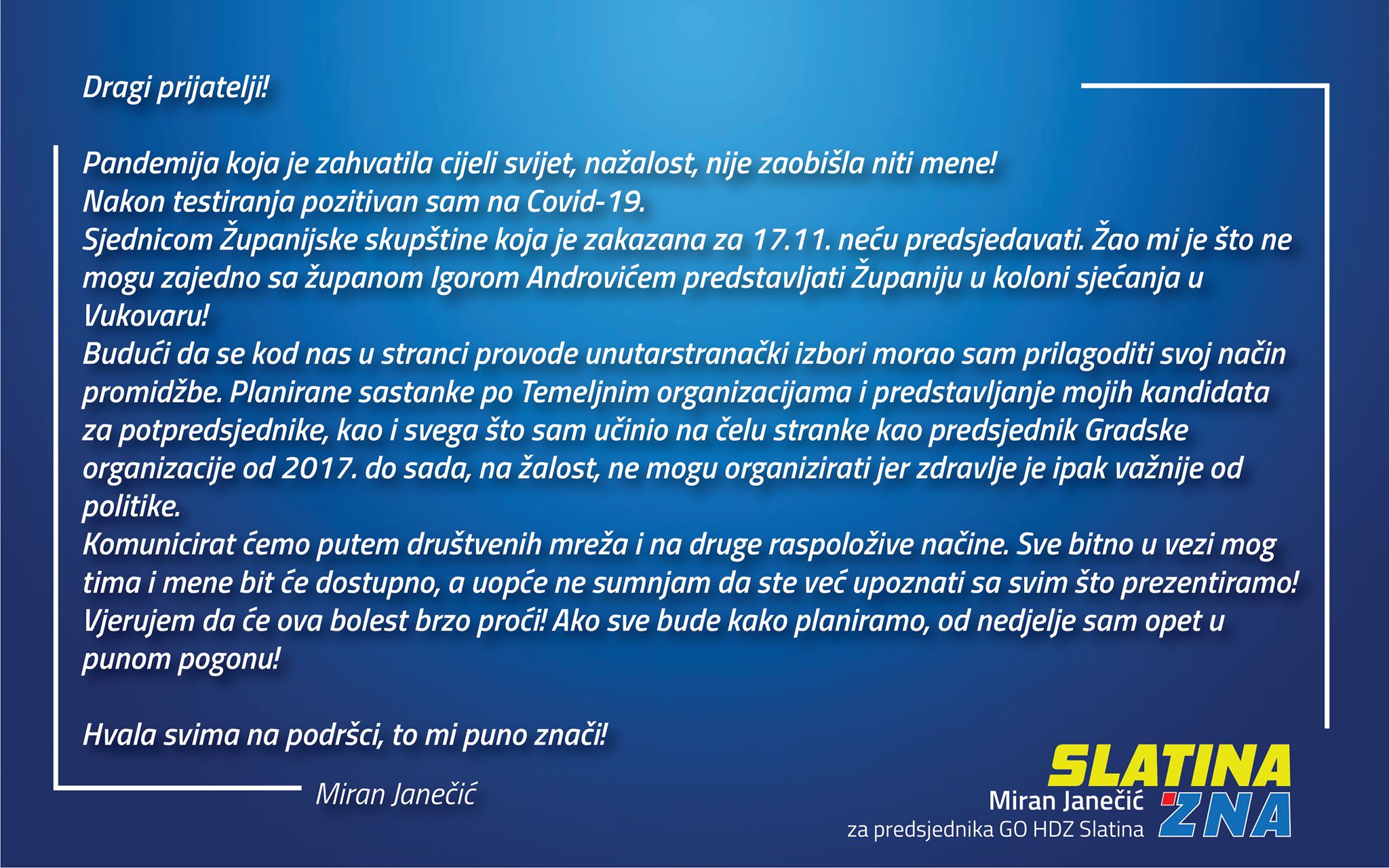 Miran Janečić, predsjednik Županijske skupštine VPŽ: Pandemija koja je zahvatila cijeli svijet nažalost nije zaobišla niti mene, nakon testiranja pozitivan sam na COVID-19 1 miran objava