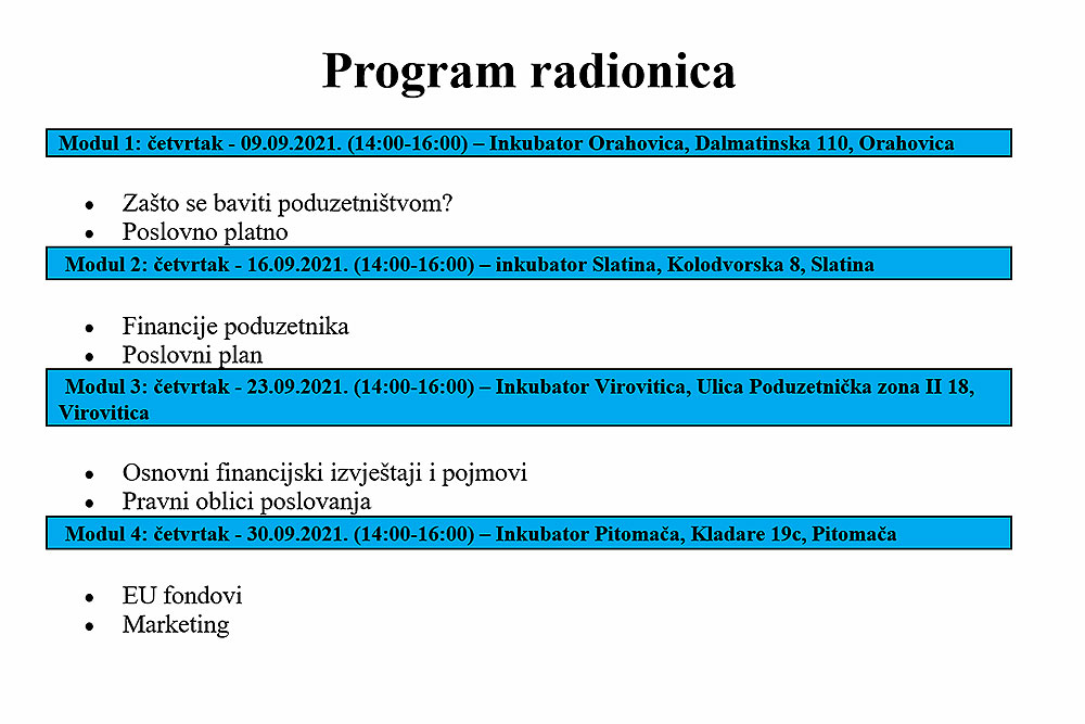 U Poduzetničkom inkubatoru Virovitičko-podravske županije u rujnu će se organizirati besplatne radionice za poduzetništvo, doznajte kako se možete prijaviti i sudjelovati 1 program radionica