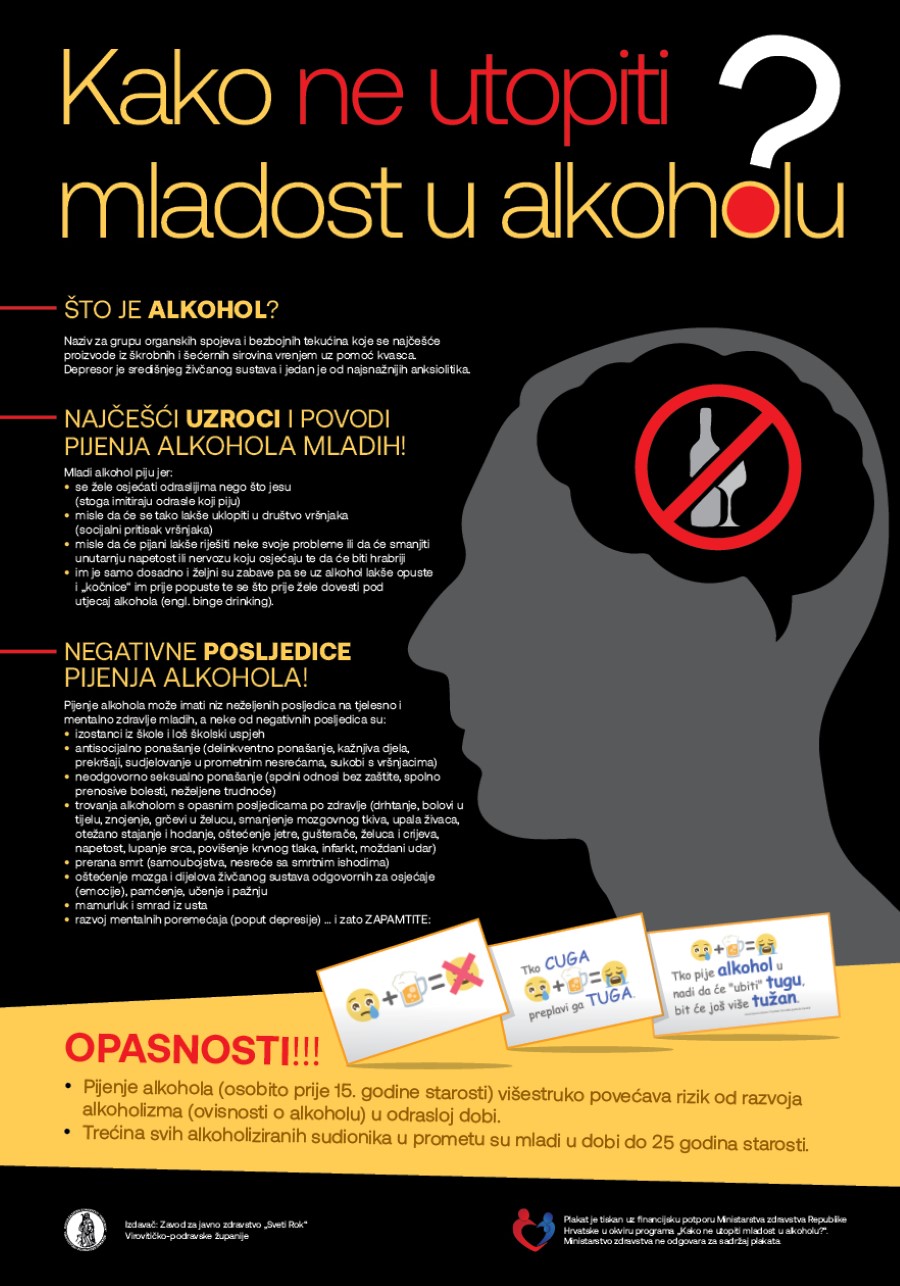 Zavod za javno zdravstvo Sveti Rok VPŽ predstavlja plakat i publikaciju „Kako ne utopiti mladost u alkoholu“ u okviru istoimenog preventivnog programa 1 alkohol plakat