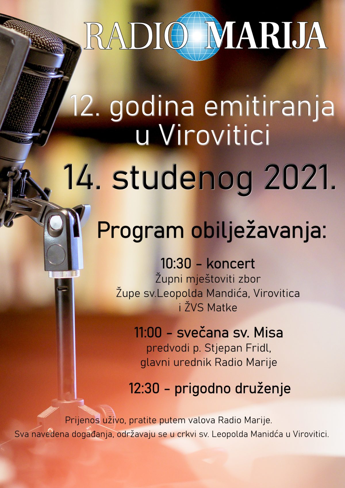 U nedjelju, 14. studenog Radio Marija će proslaviti svoju 12-tu obljetnicu emitiranja na području Virovitice i okolice 1 plakat obiljezavanje 1200x1697 1