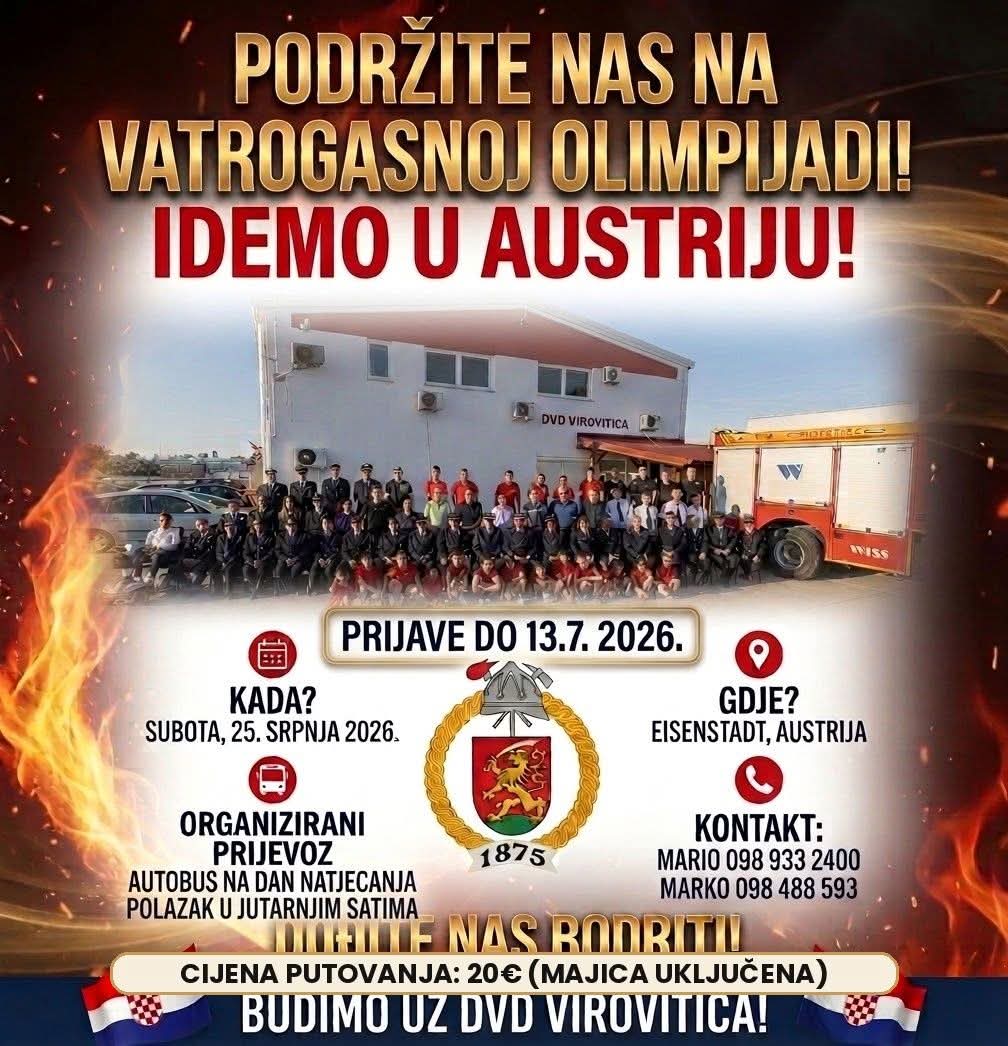 DVD Virovitica kao prvak Hrvatske, nastupit će na Vatrogasnoj olimpijadi koja će se održati u austrijskom Eisenstadtu od 23. do 26. srpnja, do 13. srpnja se primaju prijave za organizirani odlazak navijača virovitičkih "lavova" 1 1783492608934 585727946